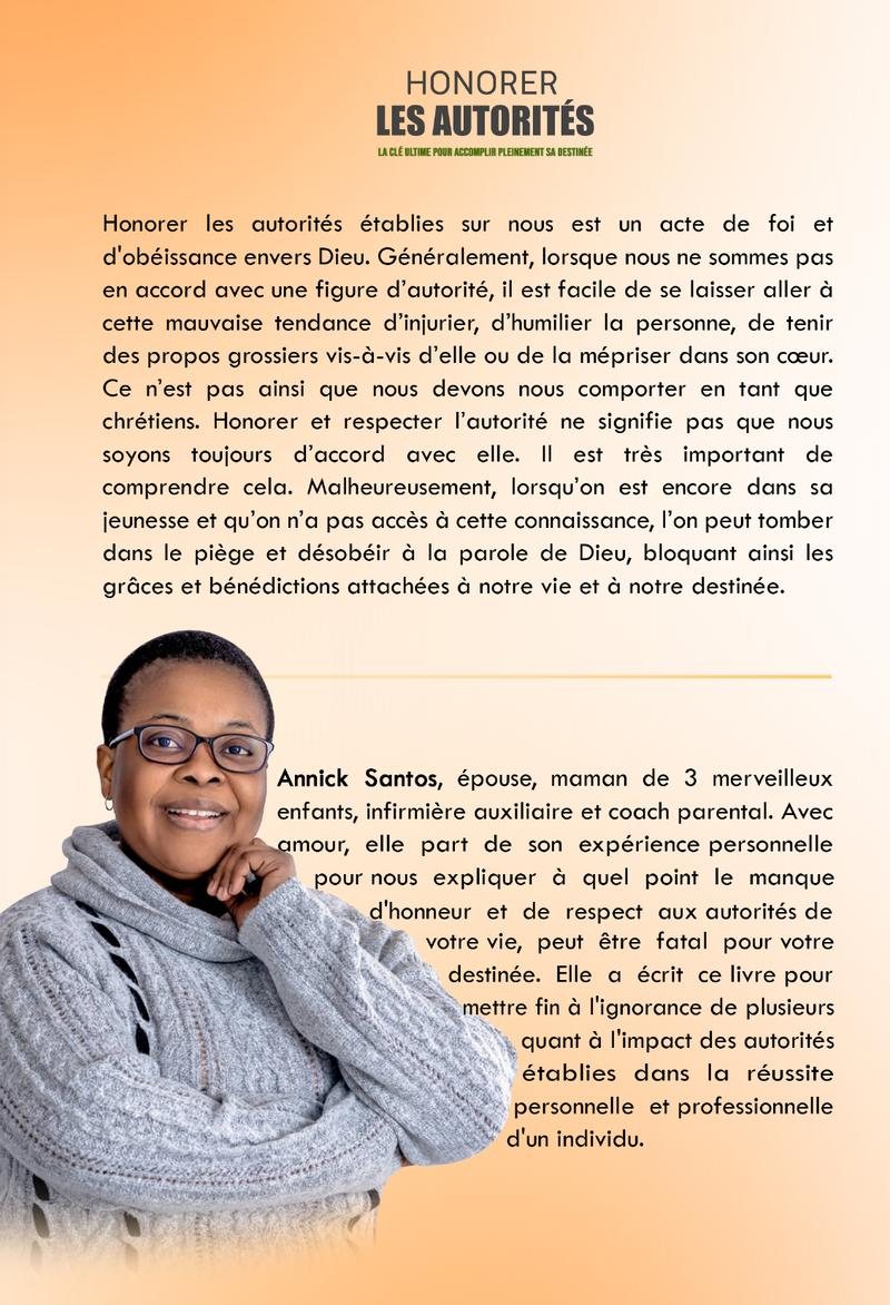 Quatrième de couverture du livre Honorer les autorités, avec un extrait et une présentation de l'auteure